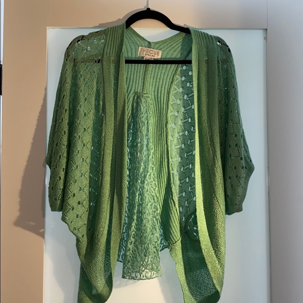 Open front light green knit sweater